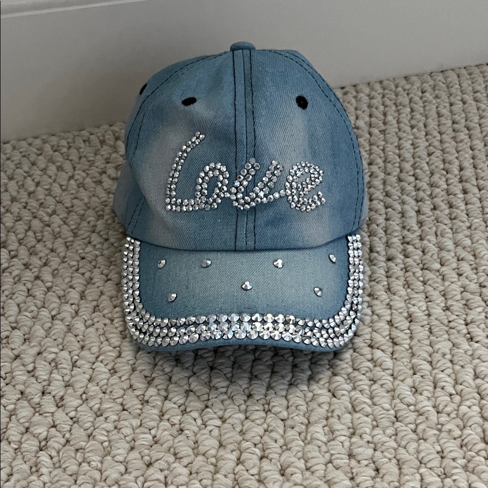 Blue Denim Cap with Rhinestone Accents